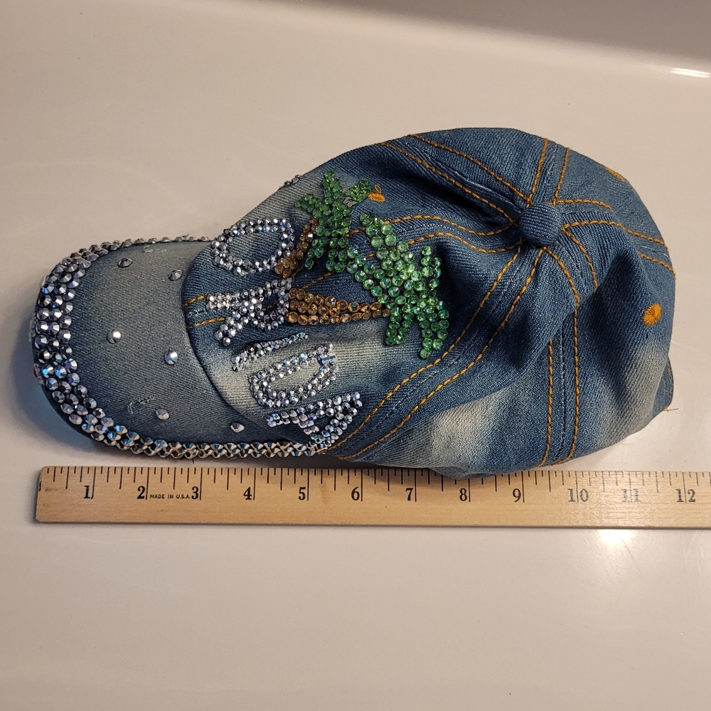 Florida Palm Trees Bedazzled Vintage Look Denim Asjustable Adult Ball Cap - Picture 11 of 13